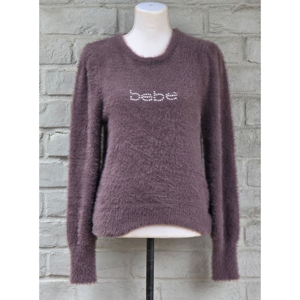 Bebe Dusty Mauve Fuzzy Eyelash Knit Rhinestone Logo Sweater Size L